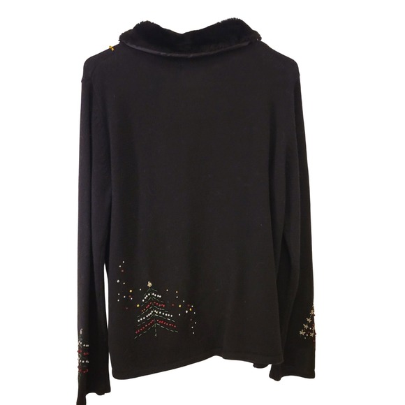 Studio Joy Sweater Cardigan Women M Black Beaded Christmas Trees Faux Fur Collar - Picture 3 of 11